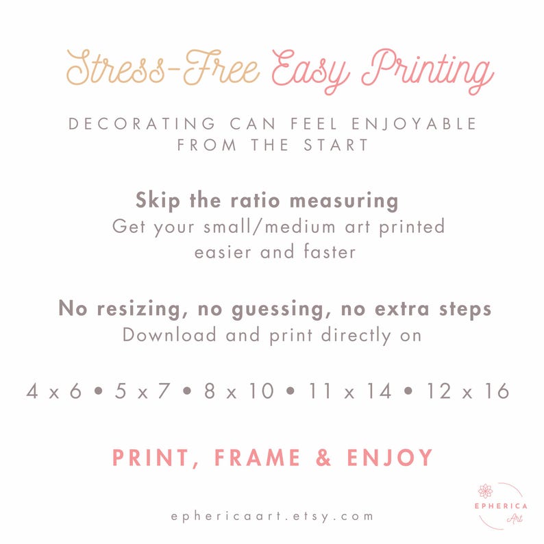 May include: A white background with text in various fonts and colors. The text reads "Stress-Free Easy Printing" and "Decorating can feel enjoyable from the start." It also lists print sizes: 4x6, 5x7, 8x10, 11x14, and 12x16. The bottom text says "Print, Frame & Enjoy."