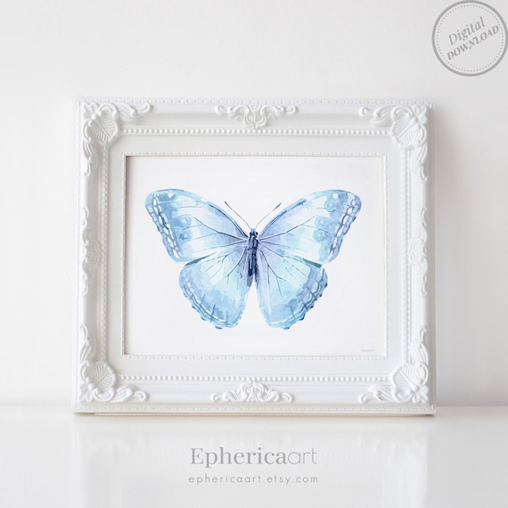 Light Blue Butterfly artwork, Cute room decor aesthetic Pastel Nursery decor, Baby Blue Bedroom wall art Newborn Nursery Horizontal print