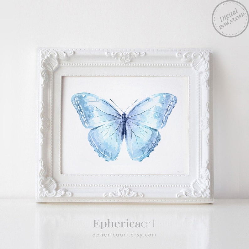 Kunst lichtblauwe vlinder, schattige kamerinrichting esthetiek pastel kinderkamerinrichting, babyblauwe slaapkamer muurkunst pasgeboren kinderkamer horizontale print afbeelding 1