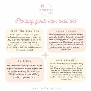May include: A promotional graphic with the text "Printing your own wall art." The image provides tips on printing services, paper choice, resizing, and keeping in mind color differences. The image has a soft, pastel color scheme.