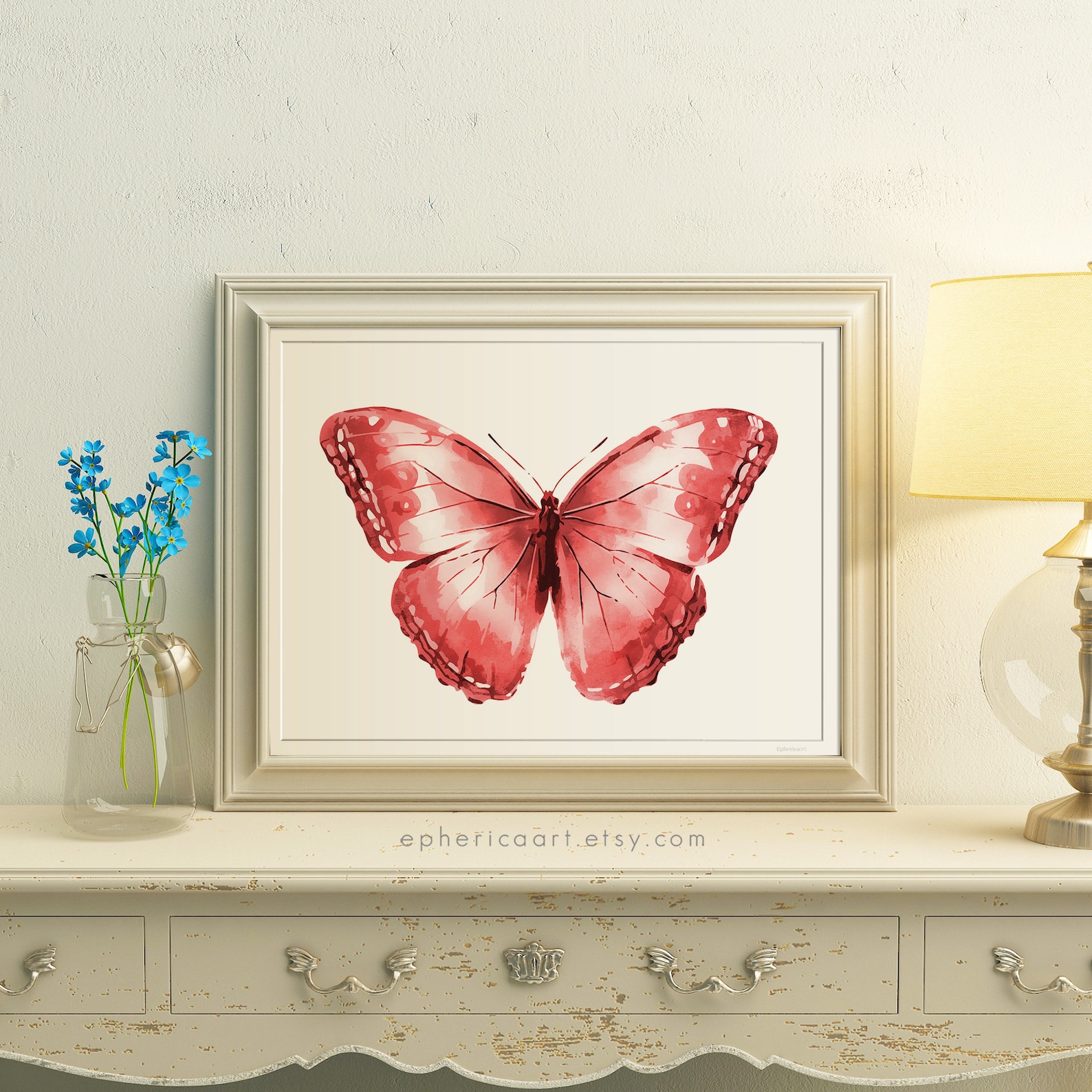 Red Butterfly illustration print Teen room decor aesthetic Etsy
