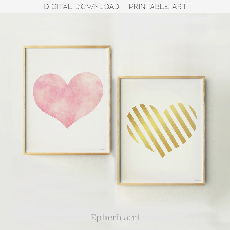 Teen Girls bedroom decor Pink and gold Hearts set of 2 Digital DOWNLOAD prints Above bed wall decor Pink girly room decor Two hearts art
