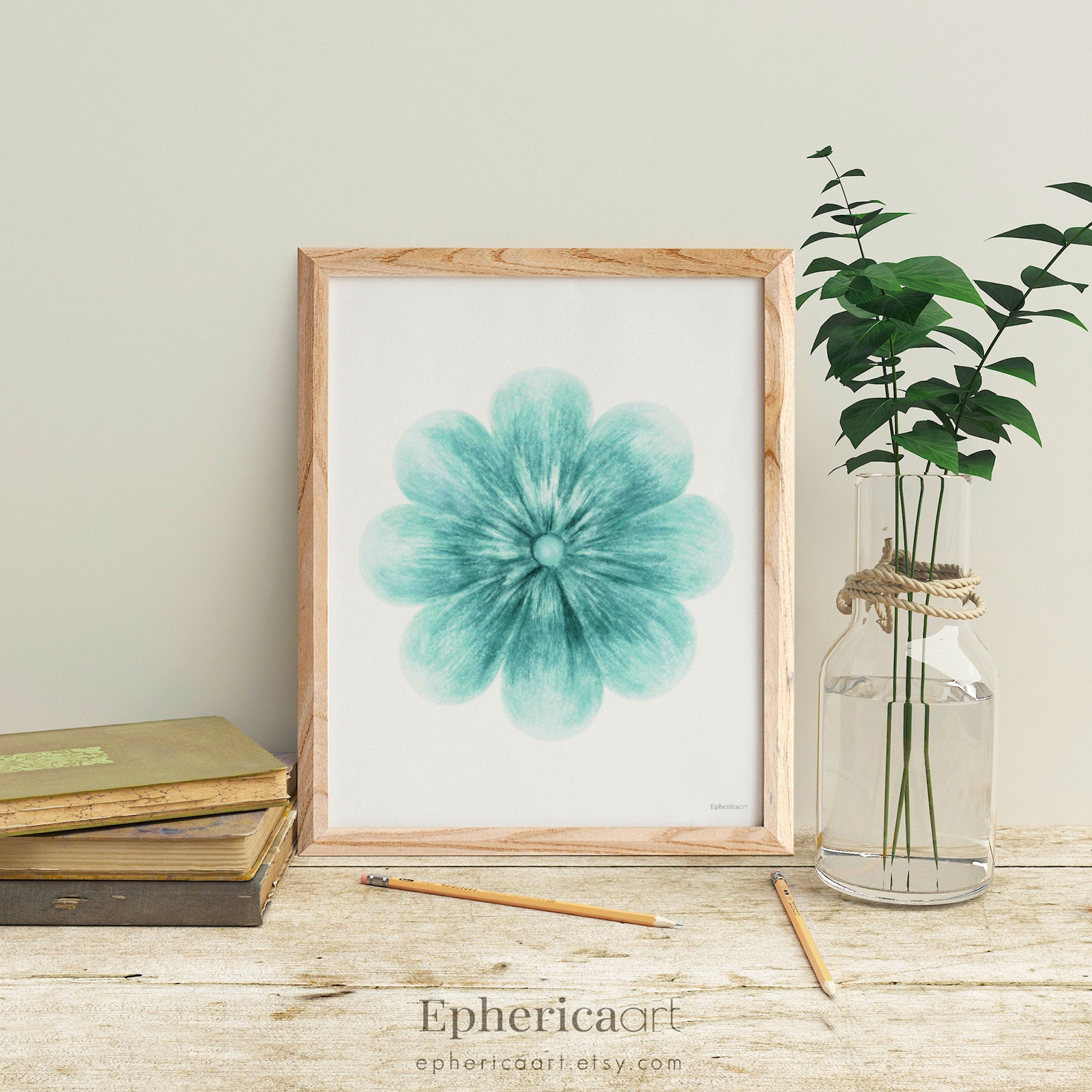 Teal Flower wall art Floral room decor Simple art Floral Etsy