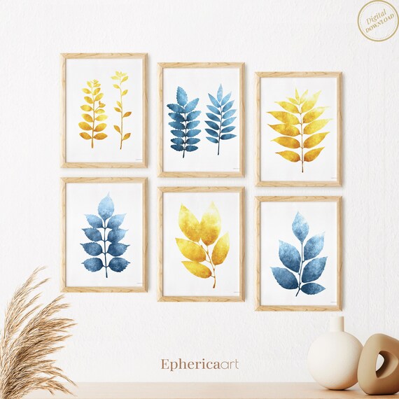 Yellow and Blue Wall Art Gallery Wall Set of 6 Botanical - Etsy
