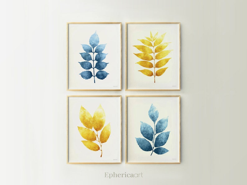 Yellow and Blue Wall Art Set of 4 Wall Prints Colorful Wall Etsy
