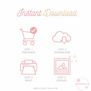 May include: A white graphic with pink icons and text. The text reads "Instant Download" above a shopping cart, cloud, printer, and framed image, each with a step number and action. The Etsy shop name "ephericaart.etsy.com" is at the bottom.