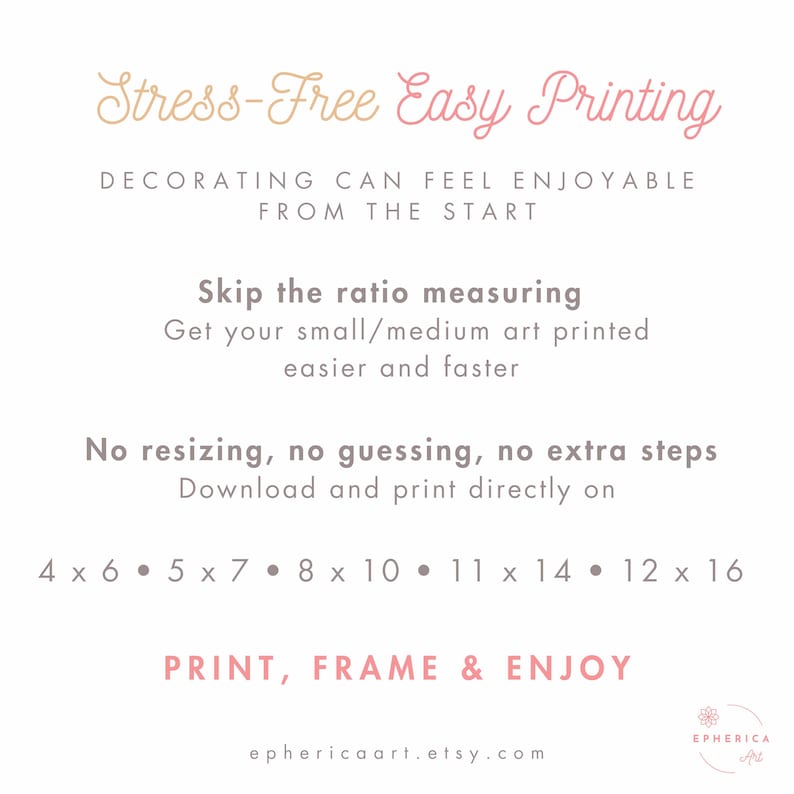 May include: A white background with text in various fonts and colors. The text reads "Stress-Free Easy Printing" and "Decorating can feel enjoyable from the start." It also lists print sizes: 4x6, 5x7, 8x10, 11x14, and 12x16. The bottom text says "Print, Frame & Enjoy."