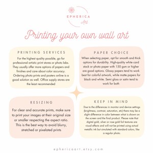 May include: A promotional graphic with the text "Printing your own wall art." The image provides tips on printing services, paper choice, resizing, and keeping in mind color differences. The image has a soft, pastel color scheme.