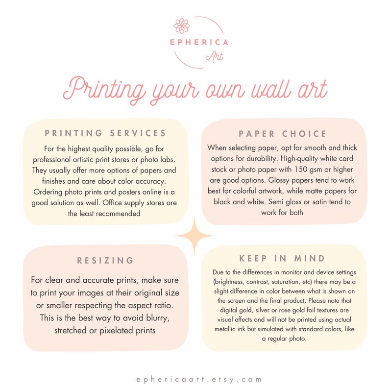 May include: A promotional graphic with the text "Printing your own wall art." The image provides tips on printing services, paper choice, resizing, and keeping in mind color differences. The image has a soft, pastel color scheme.