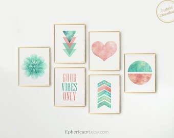 Teen Girl room prints Gallery wall art Set of 6, Dorm wall decor Girl bedroom wall prints, Aqua Pink Above bed decoration Girly aesthetic