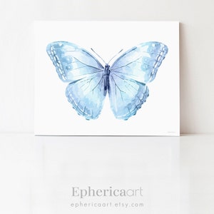 Kunst lichtblauwe vlinder, schattige kamerinrichting esthetiek pastel kinderkamerinrichting, babyblauwe slaapkamer muurkunst pasgeboren kinderkamer horizontale print afbeelding 11