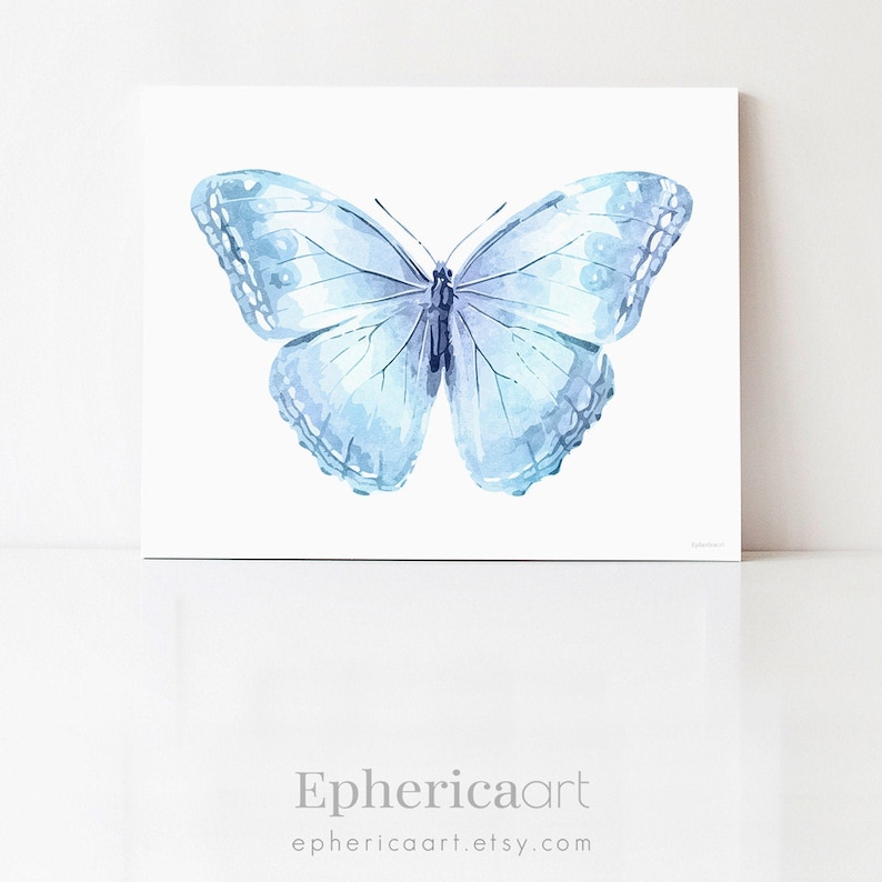 Kunst lichtblauwe vlinder, schattige kamerinrichting esthetiek pastel kinderkamerinrichting, babyblauwe slaapkamer muurkunst pasgeboren kinderkamer horizontale print afbeelding 11