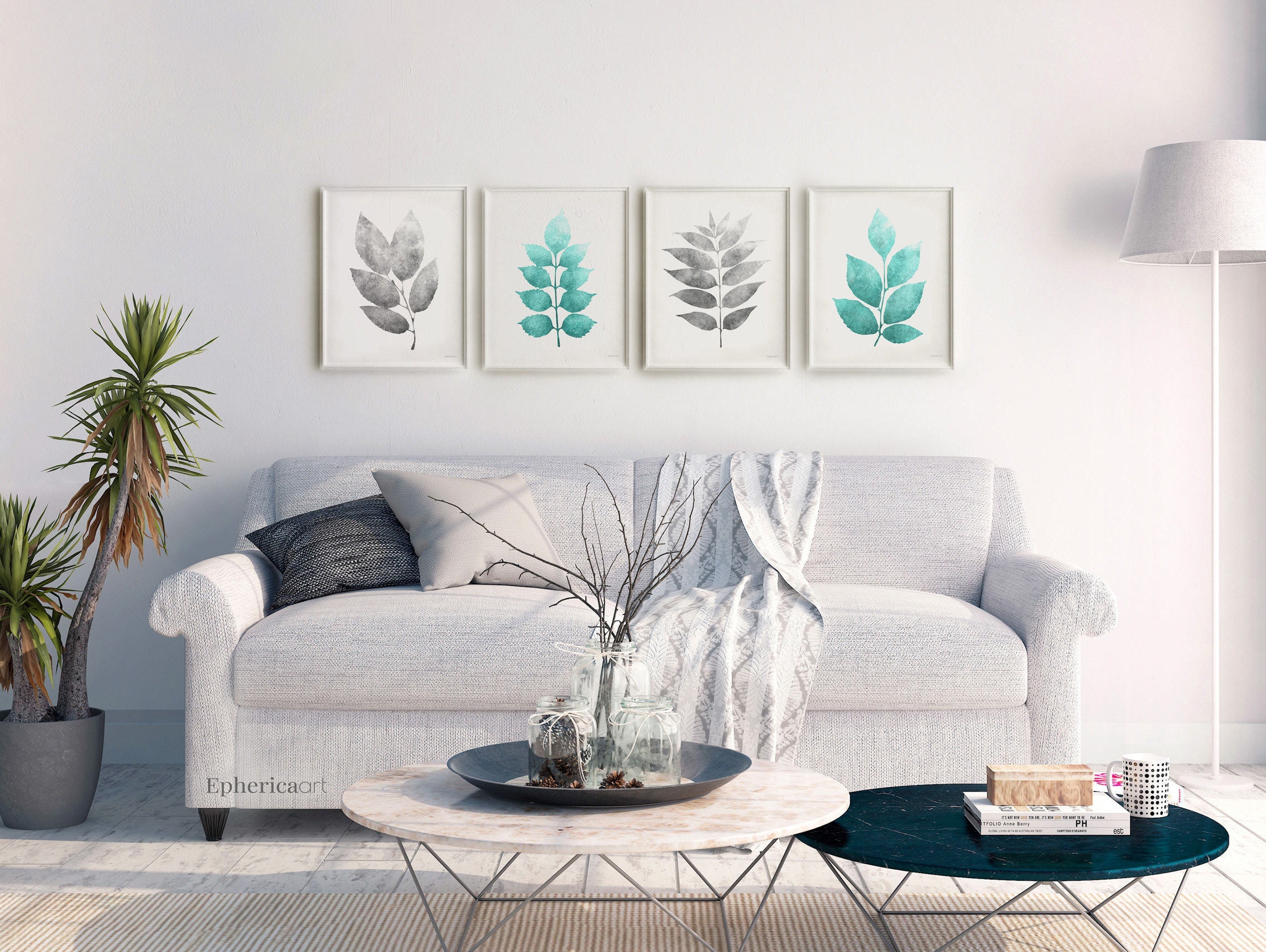 Grey and Teal wall art set of 3 wall prints Above sofa wall | Etsy
