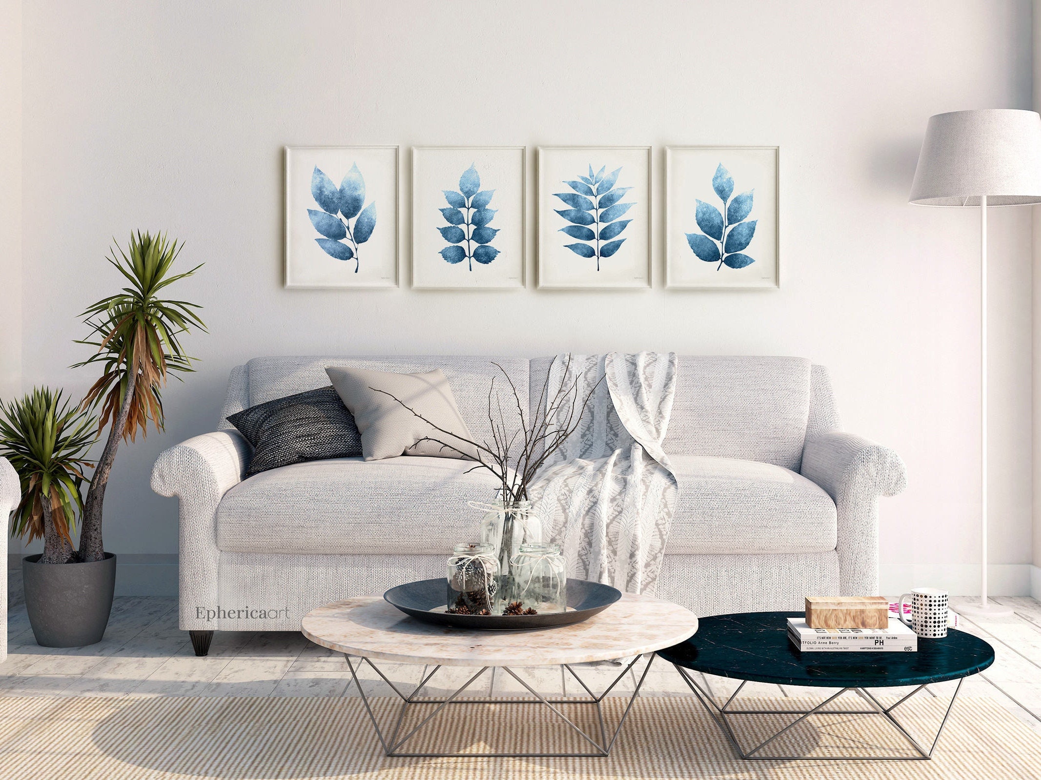 Blue Wall Decor Set Above Sofa Wall Art Blue Print Set of 4 Etsy