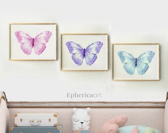 Pastel Butterfly wall art Set of 3 prints. Pink purple blue Nursery wall decor Princess room decor Above crib. Baby Girl Bedroom wall prints