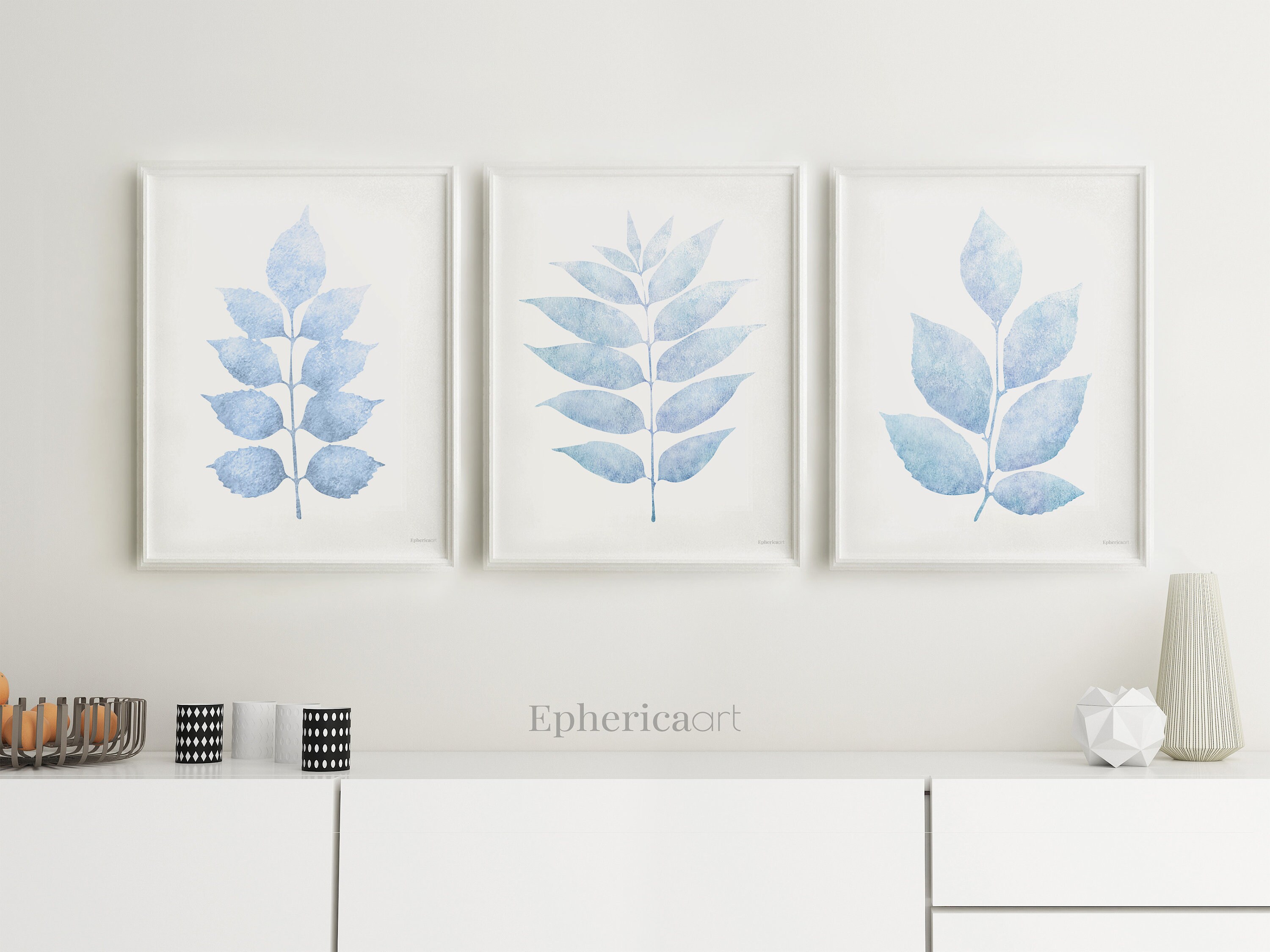 Pale Blue wall decor set of 3 Leaves Neutral wall art Etsy