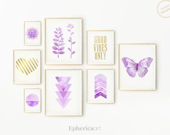 Teenage girl room decor Bedroom dorm decor Gallery wall prints Set of 8, Lavender Light purple gold art Teen girls Above bed decor DOWNLOAD