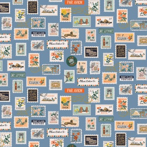 May include: A blue background with a repeating pattern of colorful postage stamps. The stamps feature various images, including landmarks, flowers, and animals. The text on the stamps includes "First Class Postage", "Par Avion", "MIT Luftpost", and "Special Delivery".