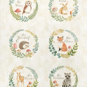 May include: A fabric panel featuring watercolor illustrations of woodland animals, including an owl, rabbit, fox, deer, hedgehog, and raccoon, each within a leafy wreath. The text "You are Loved" and "You are Cherished" are at the top and bottom.