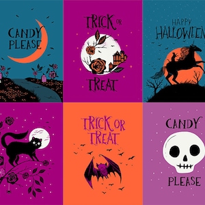 May include: A set of six fabric squares featuring Halloween-themed illustrations. The squares are in a grid pattern with a pink, blue, orange, and purple background. The illustrations include a crescent moon with the text "Candy Please", a bat with the text "Trick or Treat", a unicorn with the text "Happy Halloween", a black cat with the text "Trick or Treat", a skull with the text "Candy Please", and a ghost with the text "Trick or Treat".