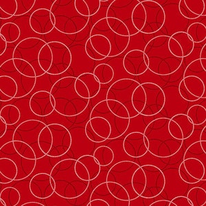 May include: Red background with a white pattern of overlapping circles. The circles are made up of small white dots.