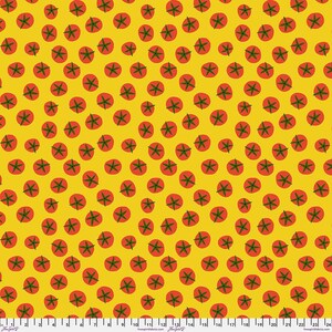 May include: A repeating pattern of red tomato illustrations with green stems on a bright yellow background. The tomatoes are evenly spaced across the fabric, creating a cheerful and vibrant design. This fabric is suitable for various sewing projects.