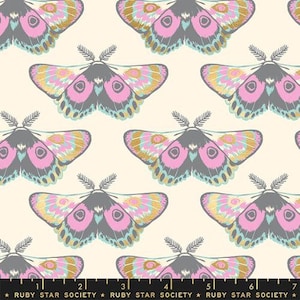 May include: A seamless fabric pattern featuring a repeating design of pink, gray, and gold butterflies on a cream background.