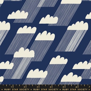 May include: A navy blue fabric with a white cloud and rain pattern. The clouds are stylized and the rain is represented by white lines.