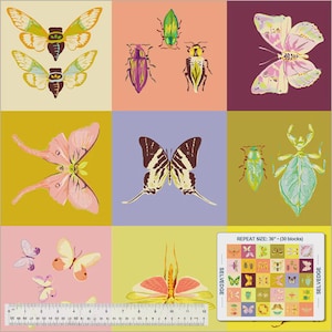 May include: A colorful fabric design featuring various insect and butterfly illustrations in a grid pattern. The insects and butterflies are in shades of green, pink, yellow, and brown. A ruler shows inches, and a chart indicates a 36-inch repeat size.