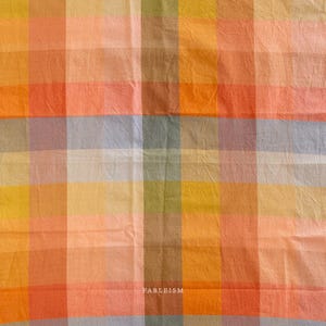 May include: A woven fabric featuring a multi-colored plaid pattern with intersecting vertical and horizontal stripes in shades of orange, yellow, peach, grey, and muted green. The word FABLEISM is printed in small white letters near the bottom center.