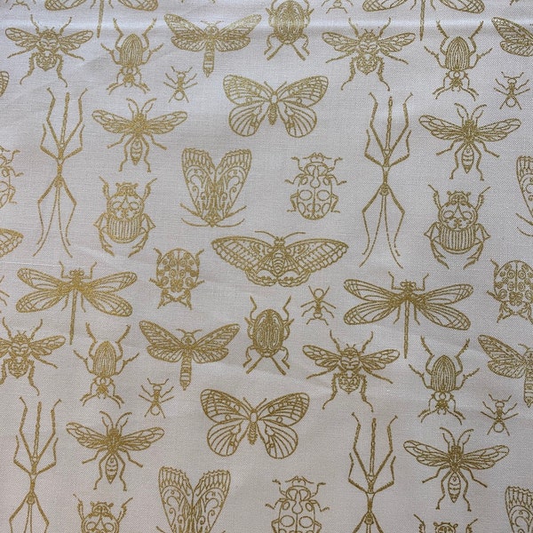 Meadowmere by Gingiber for Moda Fabrics in Cloud Large Bugs in gold metallic