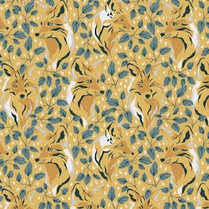 May include: A seamless pattern featuring stylized foxes with yellow and orange fur, set against a yellow background with teal green leaves.