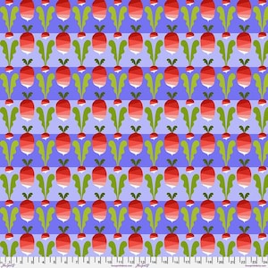 May include: A repeating pattern of stylized red radishes with green leaves and stems on a light purple background. The radishes are arranged in rows and columns, creating a symmetrical design. The pattern is suitable for fabric or wallpaper.