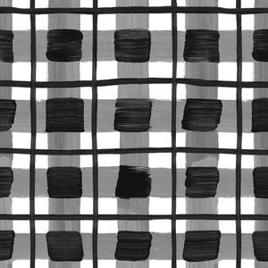 May include: A black and white gingham pattern with thick brushstrokes. The pattern is repeated throughout the image.