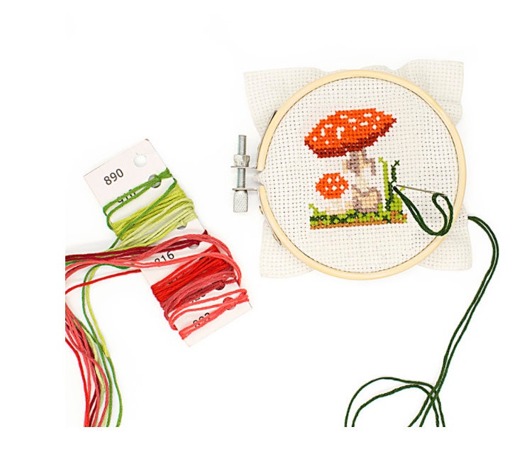 Mini CrossStitch Embroidery Kit - Mushroom - Orange Bird