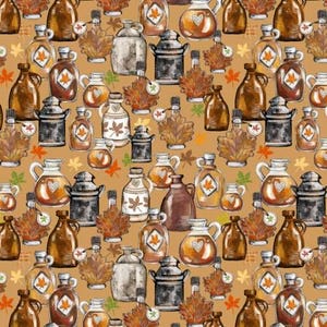 May include: A repeating pattern of various brown, tan, and white bottles, jugs, and maple leaf shapes on a tan background. Some bottles have heart and maple leaf designs. The image evokes a fall or harvest theme.