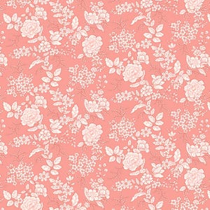 May include: A coral-colored floral pattern featuring white flowers and leaves. The design includes various flower types, such as roses and smaller blossoms, creating a dense, all-over print suitable for fabric or wallpaper.