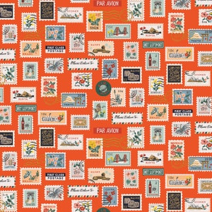 May include: A red background with a repeating pattern of colorful postage stamps. The stamps feature various designs, including landmarks, flowers, and animals. The text on the stamps includes "First Class Postage", "Par Avion", "Mit Luftpost", and "Special Delivery".