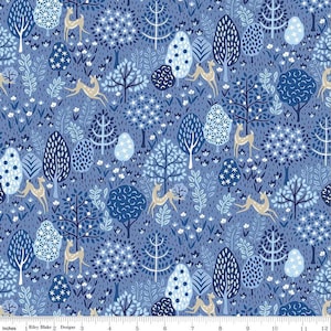 May include: A blue and white patterned fabric featuring stylized deer and trees. The fabric has a repeating pattern of deer, trees, and flowers. The fabric is perfect for quilting, crafts, and home decor.