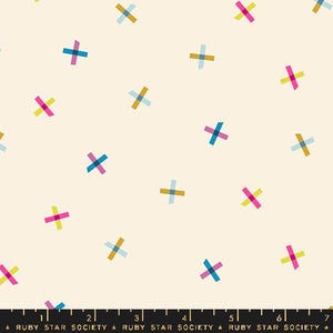 May include: Cream-colored fabric with a scattered pattern of colorful plus signs. The plus signs are in shades of blue, pink, and gold. The text "RUBY STAR SOCIETY" is at the bottom.