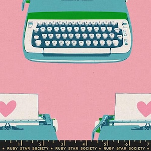 May include: Illustration of vintage typewriters in teal and green against a pink background. The typewriters have white keys and are shown with paper and a pink heart. The text "RUBY STAR SOCIETY" is at the bottom.