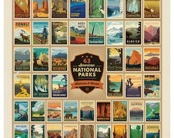 May include: A poster featuring 63 American National Parks, each represented by a vintage-style travel advertisement. The poster includes parks like Acadia, Denali, and Yosemite, with illustrations and park names.