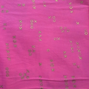 Hoffman Indah Batiks Gold Metallic X and O on Hot Pink