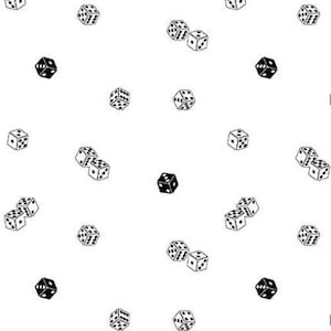 May include: A white background with a repeating pattern of black and white dice. The dice are in various positions, some are stacked on top of each other.