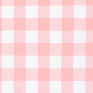 May include: A close-up of a pink and white gingham pattern. The fabric is woven with a classic checkered design, featuring alternating squares of white and a soft, light pink. The pattern is evenly spaced and creates a clean, simple aesthetic.