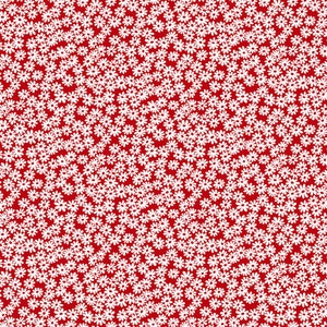 May include: A red background with a repeating pattern of white stylized daisies.