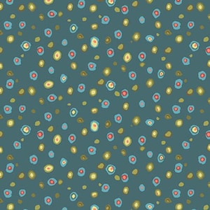 May include: A teal blue background with a repeating pattern of small, colorful circles. The circles are in shades of yellow, green, blue, and red.