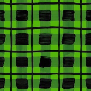 May include: A green and black checkered pattern with black squares painted with a brushstroke effect.