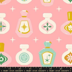 May include: A repeating pattern of perfume bottles in pink, white, and teal, with gold accents and starburst designs. The bottles are set against a pink background with white star shapes. The text "RUBY STAR SOCIETY" is at the bottom.