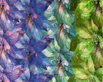 Puede incluir: Un patrón de acuarela con hojas superpuestas en tonos morado, azul, verde y rosa. Las hojas tienen una apariencia detallada y texturizada, creando un diseño vibrante y artístico. Adecuado para tela o papel pintado.